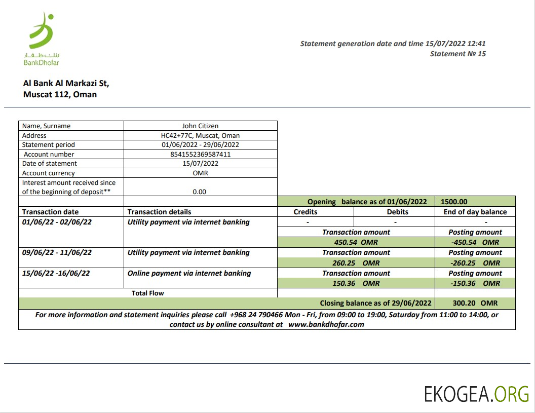 Relevé bancaire d'Oman Bank Dhofar template Relevé bancaire d'Oman Bank Dhofar template